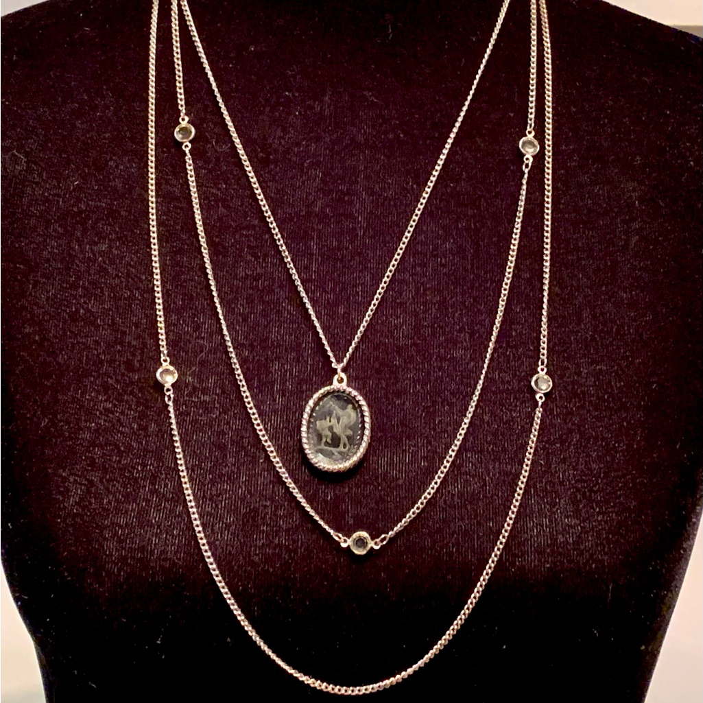 Goldette Triple Strand Intaglio Crystal Cameo Pendant Silver Tone Necklace